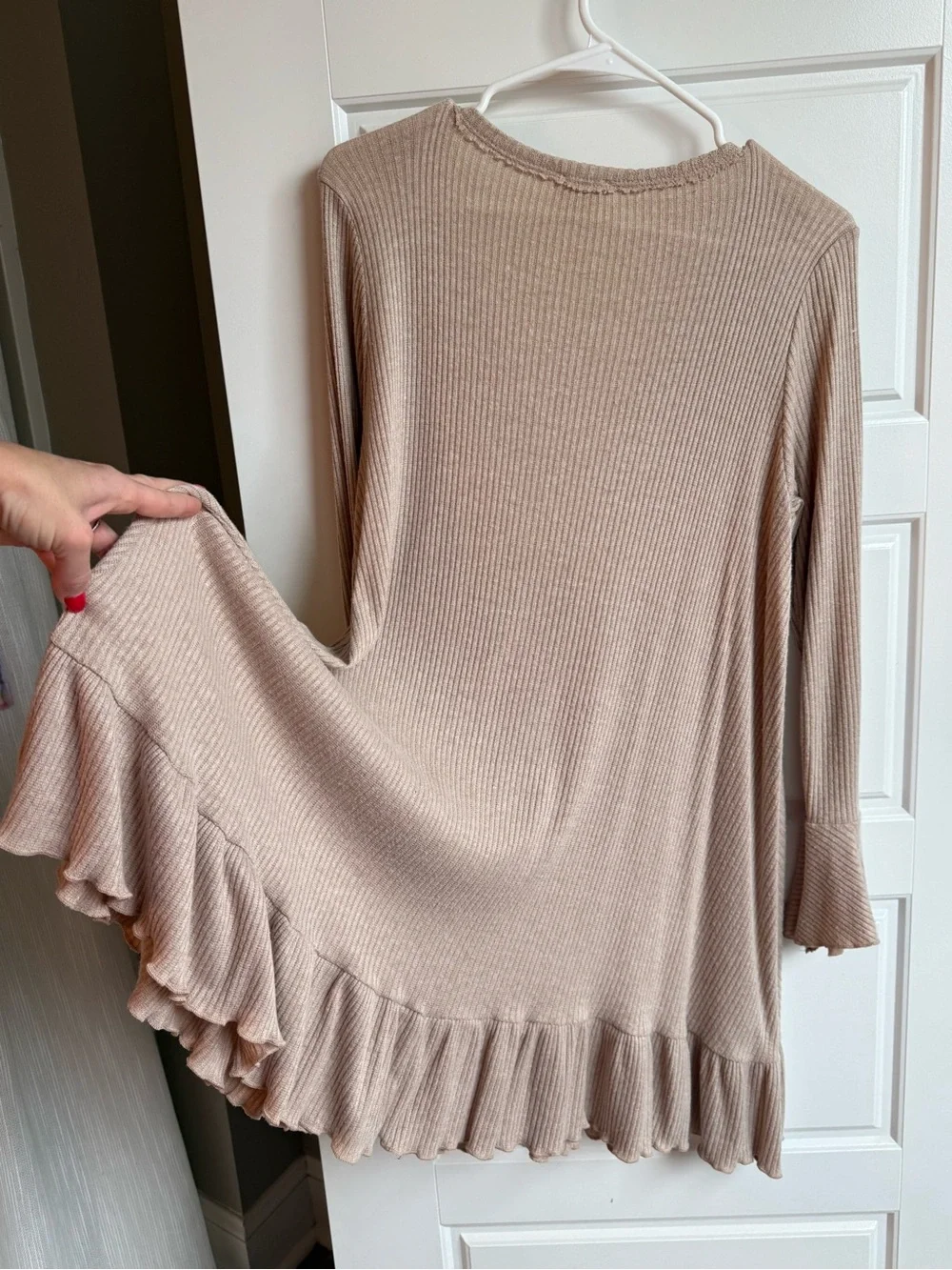Peach Love California Beige Ribbed V-Neck Tunic with Button Detail